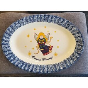 Vintage Country Blessing Large Serving Platter. Blue and white